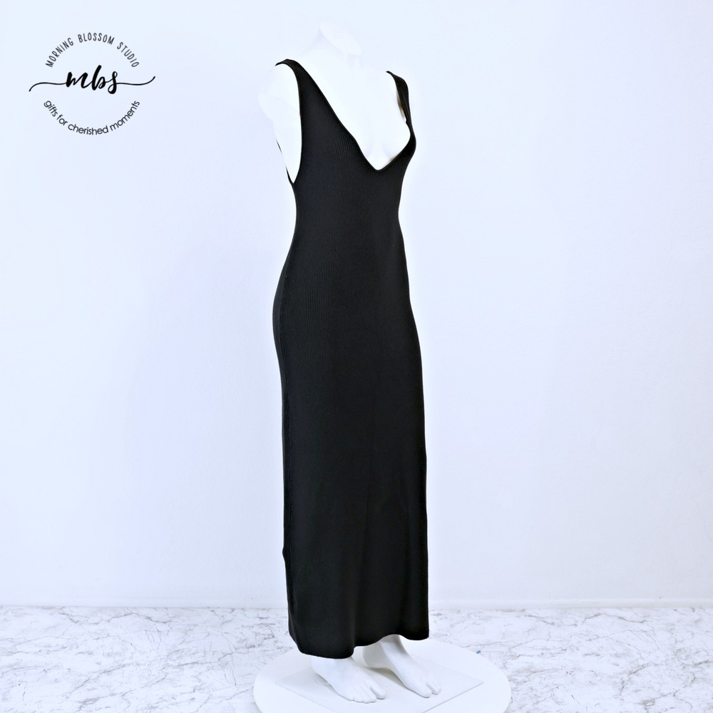 Free People Beach V-Neck Slim Fit Ribbed Knit Tank Maxi Dress Deep Black Women M
